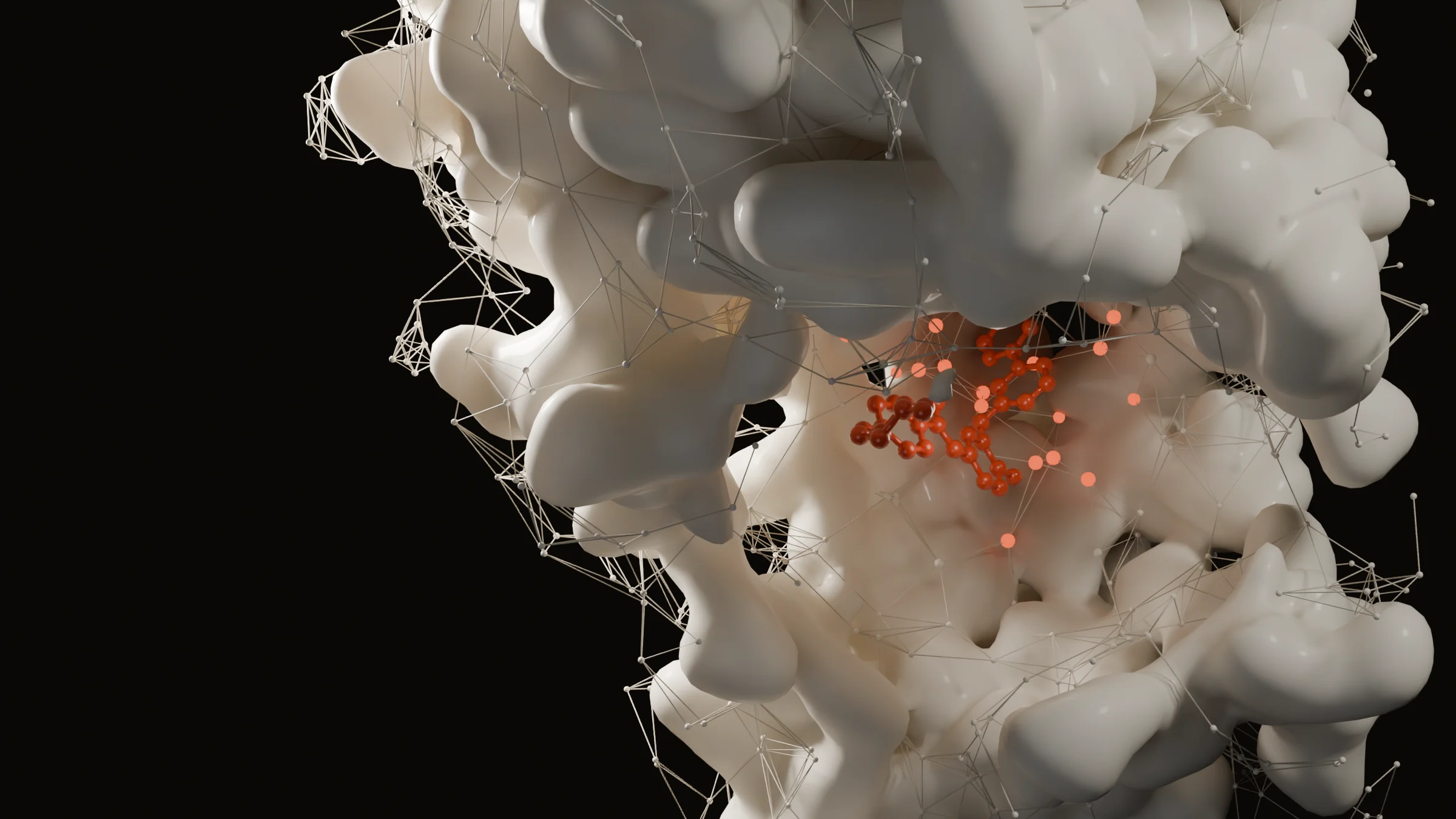Molecular surface of the ABL kinase domain (PDB 1IEP) with imatinib, in orange, seated in its binding pocket; a sparse graph of surface points overlays the protein, with the points lining the pocket highlighted.